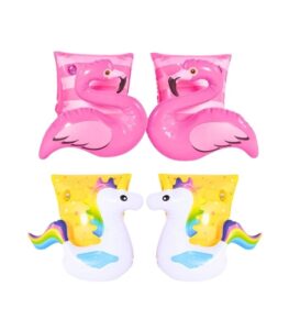 Inflatable unicorn and flamingo arm bands for kids swimming safety