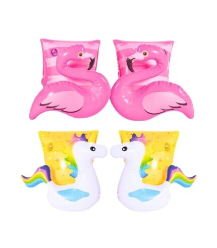 Inflatable unicorn and flamingo arm bands for kids swimming safety