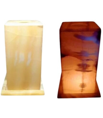 Handcrafted square alabaster lamp on a wooden table