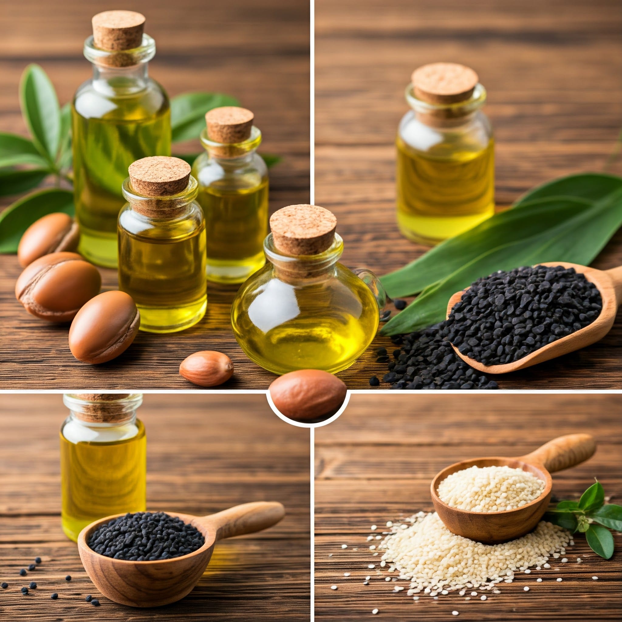 A variety of Egyptian natural oils including Black Seed Oil, Jojoba Oil, and Coconut Oil.