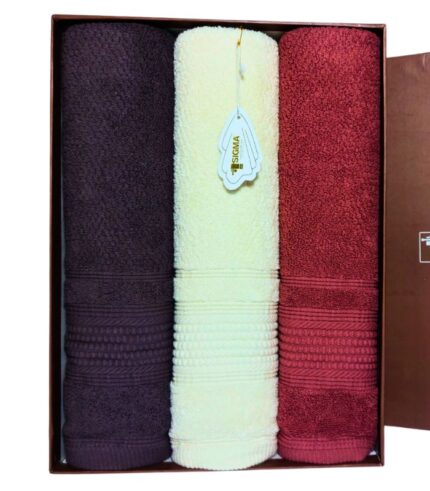 Sigma 3-piece bath towel set made from 100% Egyptian cotton in vibrant colors.