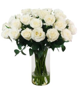 27 white flowers arranged in a clear glass vase