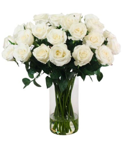 27 white flowers arranged in a clear glass vase