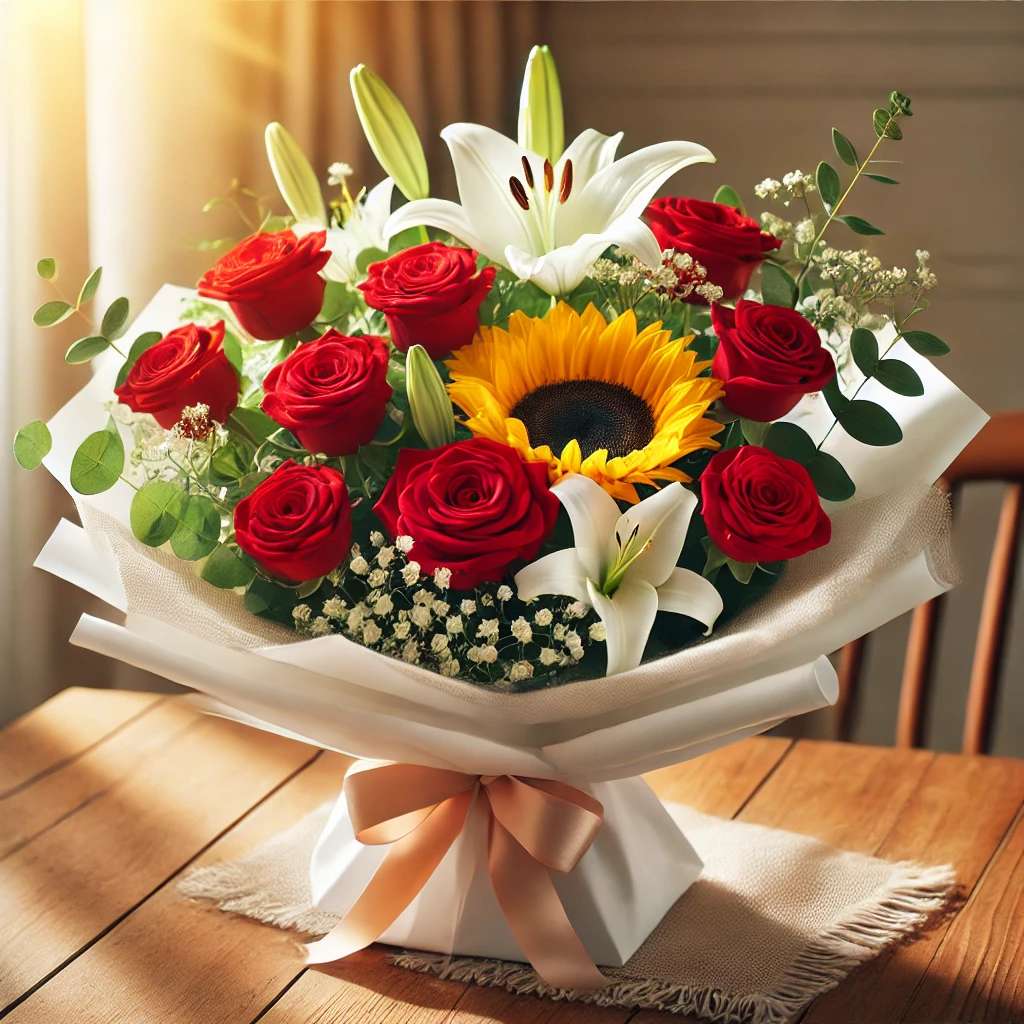 Elegant bouquet of red roses, lilies, and sunflowers in white wrapping on a wooden table.