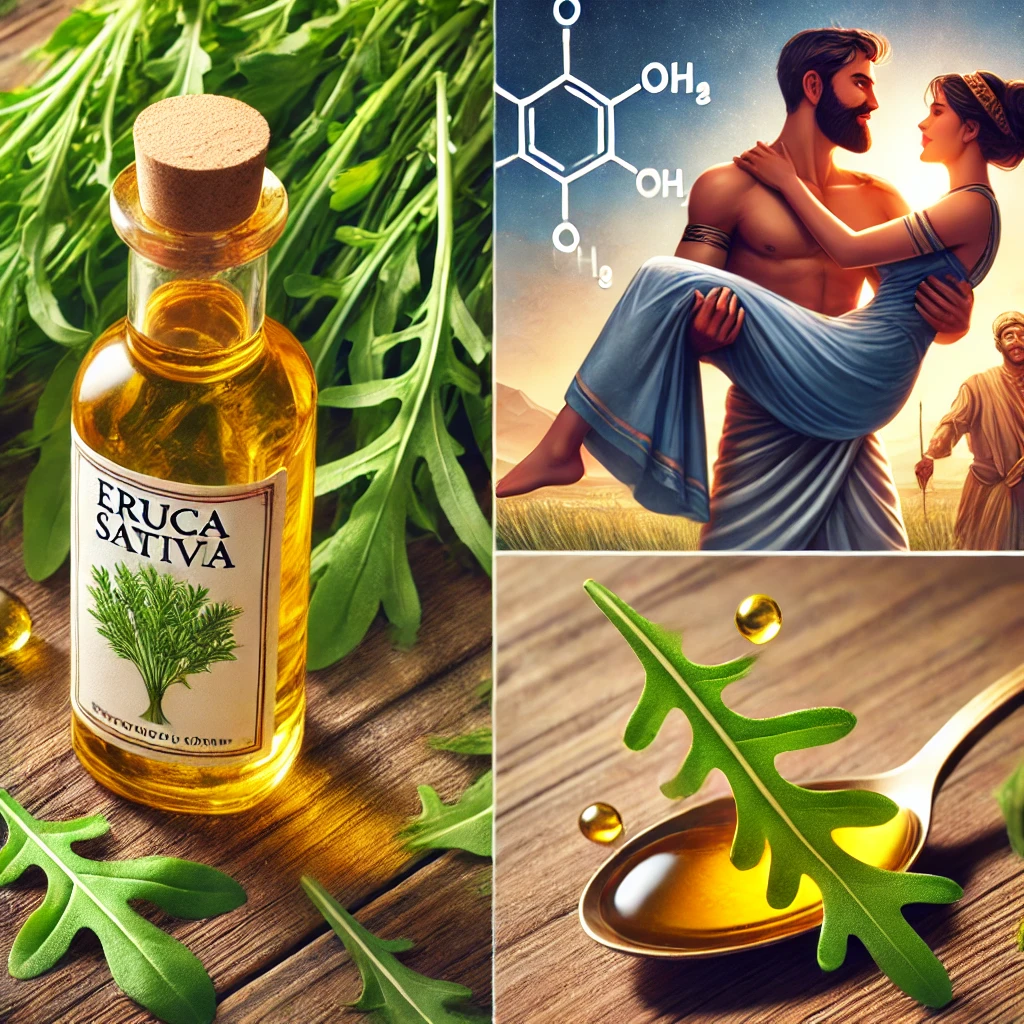 A bottle of pure Eruca sativa (Rocket Oil) placed alongside fresh arugula leaves on a rustic wooden table.