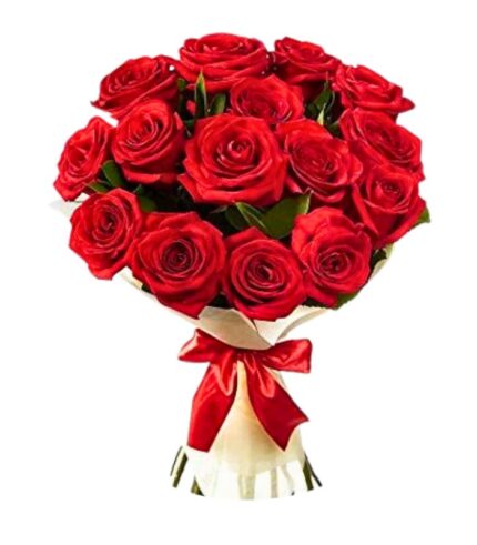 Elegant bouquet of 15 red roses in white wrapping – same-day delivery Marsa Alam