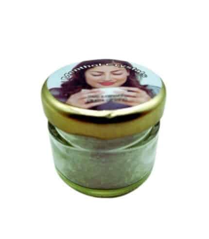 Clear jar filled with pure menthol crystals