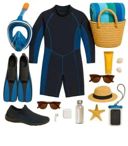 Stylish beach essentials including swimwear, hats, towels, and accessories from Bazaar Express.