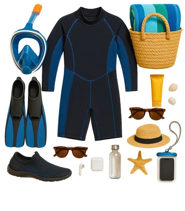 Stylish beach essentials including swimwear, hats, towels, and accessories from Bazaar Express.