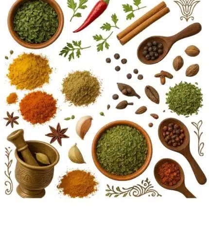 Assorted Egyptian spices, herbs, and teas arranged in bowls and jars, showcasing vibrant flavors and rich aromas.