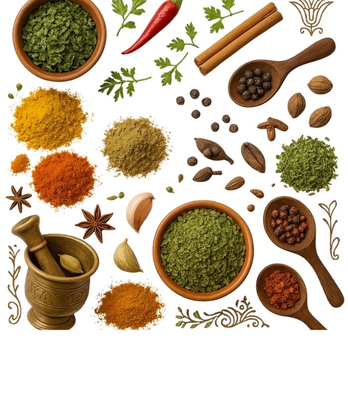 Assorted Egyptian spices, herbs, and teas arranged in bowls and jars, showcasing vibrant flavors and rich aromas.