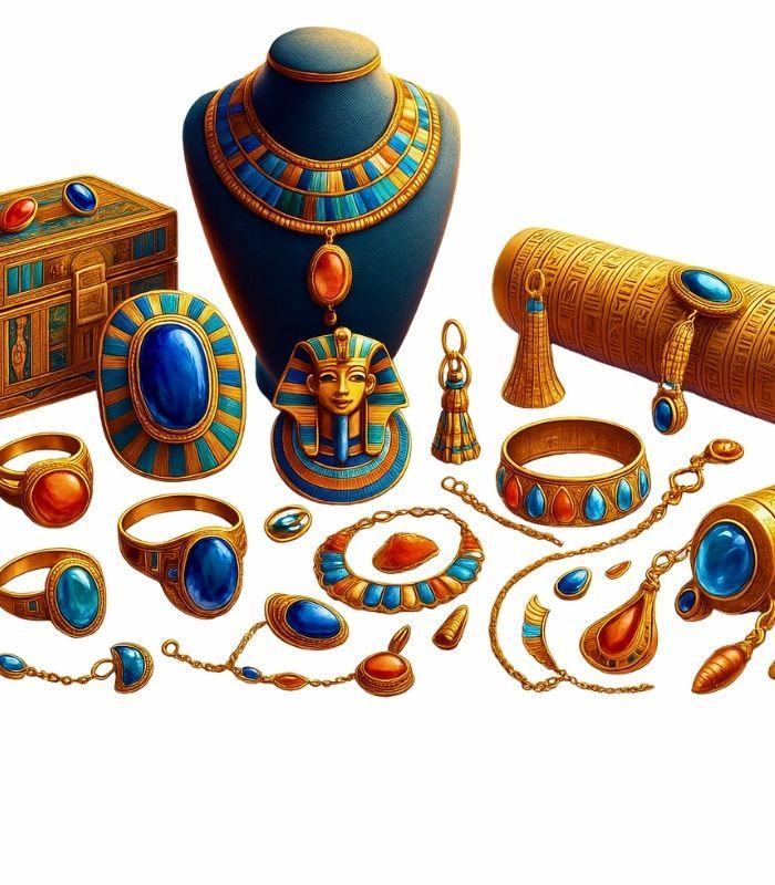 Egyptian treasures collection featuring pharaoh statues, papyrus scrolls, and handcrafted jewelry representing ancient Egyptian culture.