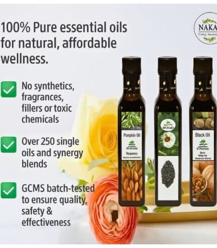 Nakaa premium natural oils lineup featuring black seed, almond, and coconut oils, showcased with floral decor to emphasize purity, organic ingredients, and wellness benefits.