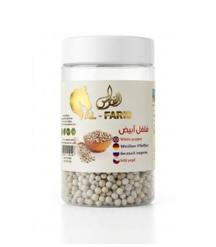 Supreme White Pepper whole peppercorns in a clear jar with wooden bowl and scoop