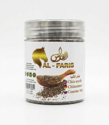 Grand Chia Seeds jar with wooden spoon and natural chia seeds