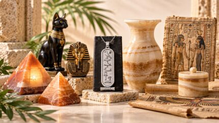 Egyptian treasures collection featuring pharaoh statues, papyrus scrolls, and handcrafted jewelry representing ancient Egyptian culture.