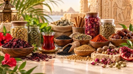 Assorted Egyptian spices, herbs, and teas arranged in bowls and jars, showcasing vibrant flavors and rich aromas.