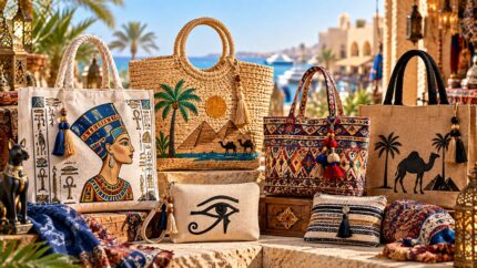 Authentic handmade Egyptian bags with traditional patterns and cultural designs.